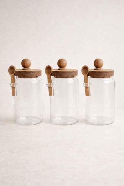 Kitchen Way وعاء توابل أكاسيا مع غطاء محكم وملعقة طراز KW-735