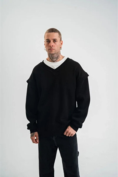 soonaksesuar Wide V-Neck Sleeve Ribbed Detailed Sweatshirt - Black
