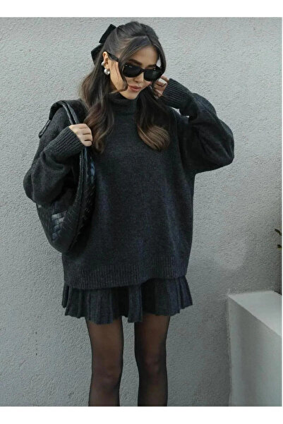 Nivora Style Anthracite Pleated Mini Skirt Fisherman Sweater Bottom Top Knitw...