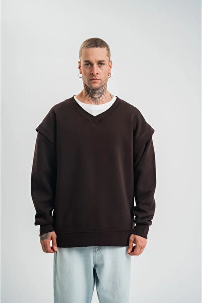 buğrahayalin Wide V-Neck Sleeve Ribbed Detailed Sweatshirt - Brown
