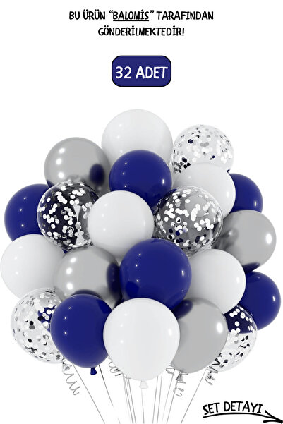 BALOMİS Şeffaf Krom Gümüş Lacivert Ve Beyaz Renkli Balon Seti Balon Pullu 11 İnç