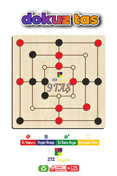 TIME TABLE Ahşap 9 Taş ve 3 taş Akıl, Zeka Ve Strateji Oyunu arkalı önlü 2 oyun