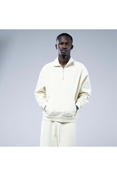SWAG سويت شيرت أوفرسايز بسحاب قصير وياقة كلاسيكية وجيب أمامي - كريمى