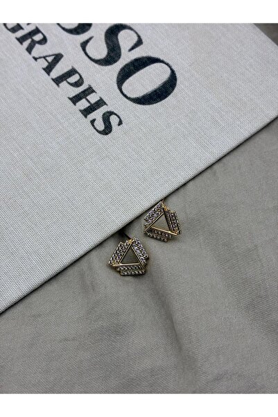 Hedef Bijuteri Zircon Stone Geometric Triangle Shape Gold Color Nail Earrings Cm28