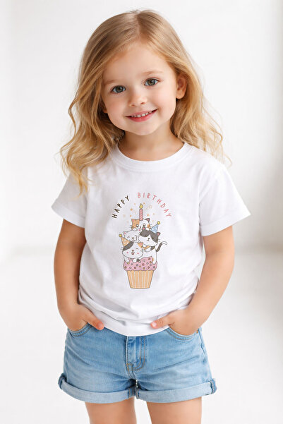 MODA Birthday Happy Birthday Printed White Girl's T-Shirt