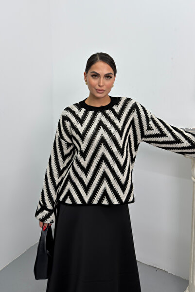 spirituel Women's Sweater Knitted Crew Neck Drop Shoulder Long Sleeve Zigzag Patterned Sleeve Fold Detail Knitwear Pullover