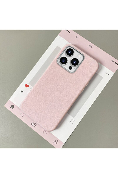 ucuc iPhone 14 Pro Max Uyumlu Pembe Deri Dokulu Silikon Kamerayı Korur Şok Em...