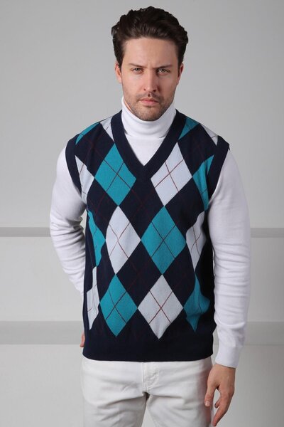 Ferraro Navy Blue/Turquoise V-Neck Colorful Argyle Pattern Sleeveless 100% Lamb Wool Men's Knitwear Sweater