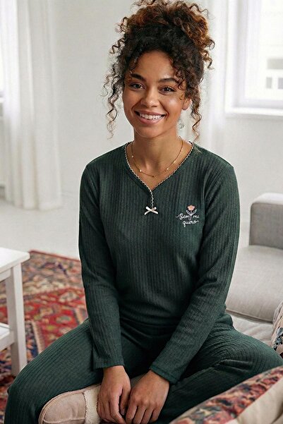 Niket Life طقم بيجامة نسائي من القطن بأكمام طويلة وياقة على شكل كمثرى مطرزة و...