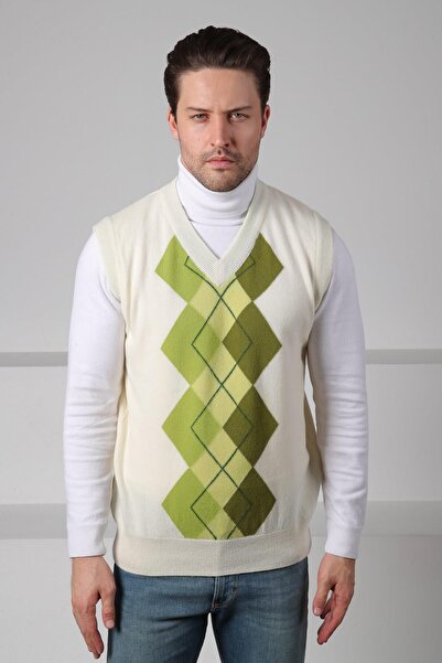 Ferraro Ecru/Green V-Neck Diagonal Patterned 100% Lamb Wool Men's Knitwear Sweater