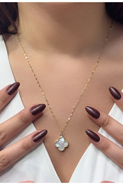 DİAMİNE PIRLANTA 14 Ayar Altın Kalın Aynalı Büyük Beyaz Sedefli Yonca Kolye