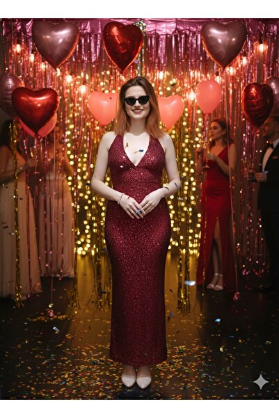 Zechka Kırmızı Payetli Derin Dekolteli Uzun Elbise