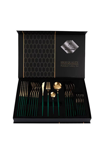 Partenya 6 Kişilik Sofra Seti , Yeşil Renk Premium 304 Paslanmaz Çelik 24 Par...