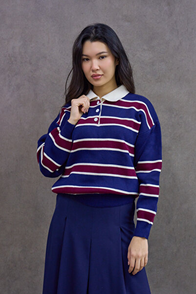 KÜÇÜĞÜM BUTİK Blue Striped Collared Knitwear Sweater