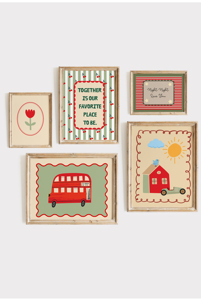 leilart Çocuk Odası Retro Yeşil Renkli Poster Seti Çerçeveli