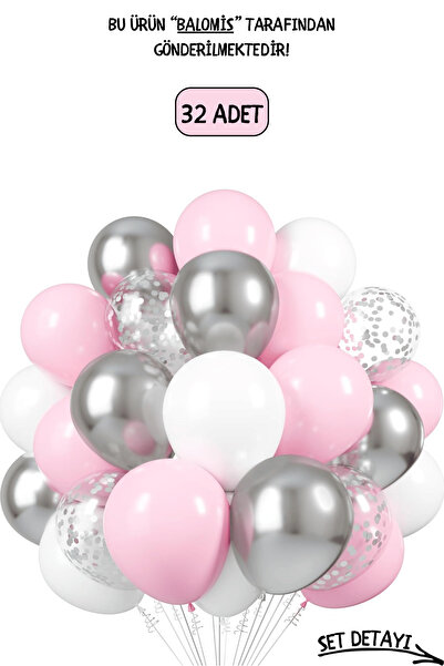 BALOMİS Pastel Pembe Beyaz Krom Gümüş Ve Şeffaf Lateks Balon Seti 11 İnç