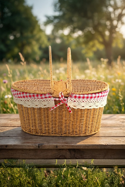 Vadi Oval Hasır Görünümlü Piknik Sepeti Piknik Çantası 38x25x18 cm