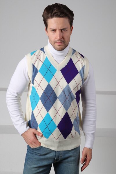 Ferraro Ecru/Turquoise V-Neck Colorful Diamond Pattern Sleeveless 100% Lamb Wool Men's Knitwear Sweater