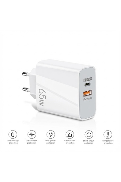 XTRIKE ME 65W Hızlı Şarj Adaptörü PD 33W + QC 3.0 Çift Girişli - Beyaz (Tüm T...