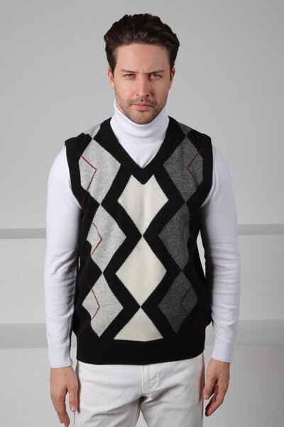 Ferraro Black Diamond Patterned V-Neck 100% Lamb Wool Men's Knitwear Sweater