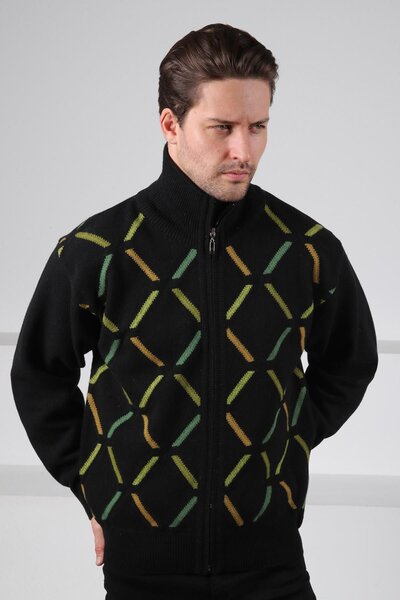Ferraro Black Zipperless Pocketless Green Stripe Detailed 100% Lamb Wool Men's Knitwear Cardigan