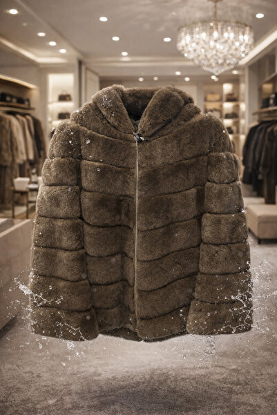 ARES Su Geçirmez Rex Tavşanı Kürkü Kadın Mont – Haki, Kapüşonlu, Lüks Kışlık