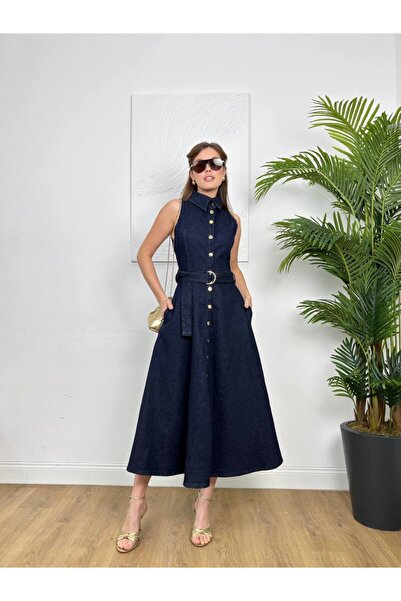 BEAUTY FASHİON Women's Buttoned Slit Belted Denim Fabric Belted Midi Denim Dr...