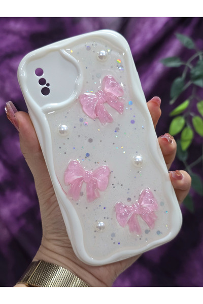 Magic Ring iPhone X / XS Compatible Pink Bow & Pearl Detailed Glittery Epoxy ...