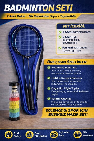 CKSpor Badminton Seti Taşıma Çantalı 2 Adet Raket + 6’lı Kutulu Badminton Topu