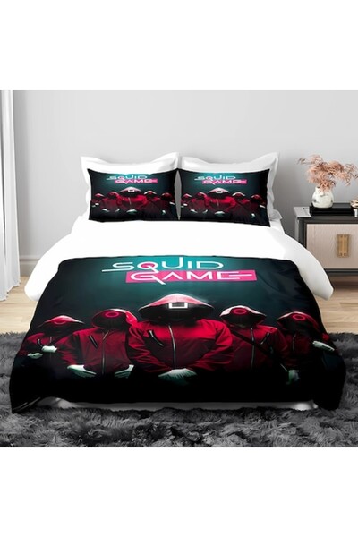 AjieQaQ Jocul Calamarului 3D Tiparire microfibre Lenjerie de pat 3 piese, husa de plapuma 160x200cm, 2 fete