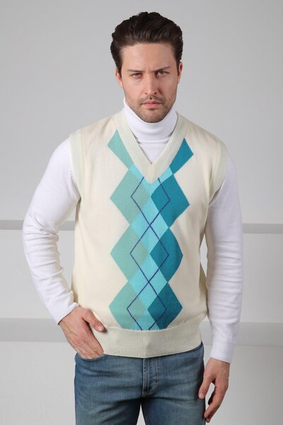 Ferraro Ecru/Turquoise V-Neck Diagonal Patterned 100% Lamb Wool Men's Knitwear Sweater