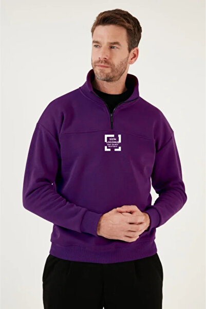 buğrahayalin Oversized Special Design Basic Sweatshirt with Half Zipper Collar - Purple