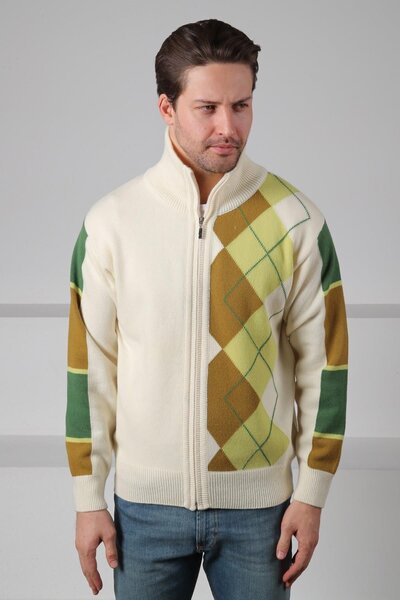 Ferraro Ecru/Green Zippered Diagonal Patterned 100% Lamb Wool Men's Knitwear Cardigan