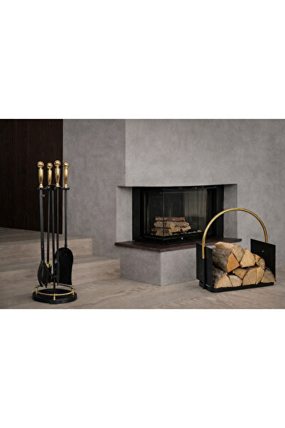 SOMINECO 5 Li Premium İthal Döküm Gold Yuvarlak Şömine-Soba Maşa Takımı + Odunluklu Aksesuar Seti