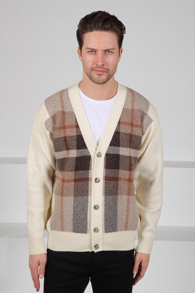 Ferraro Ecru V-Neck Buttoned Square Patterned 100% Lamb Wool Men's Knitwear Cardigan