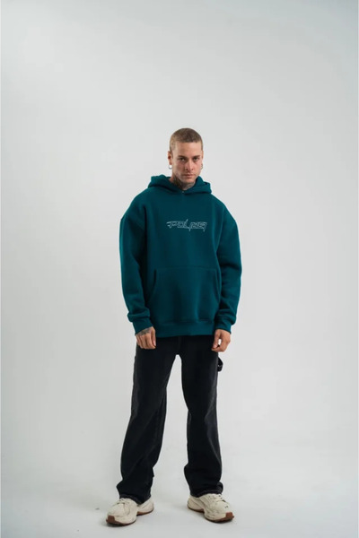 Giyimodam Unisex Three Thread Hooded Embroidered Sweatshirt - Dark Sea Green