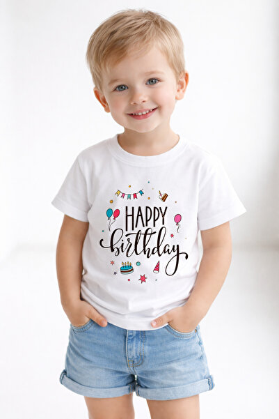 MODA Birthday Happy Birthday Printed White Boy's T-Shirt