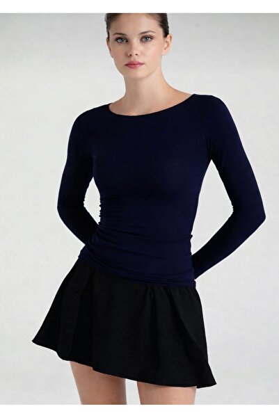 LUMİ Ultra Soft Boat Neck Slim Fit Long Sleeve Black Blouse