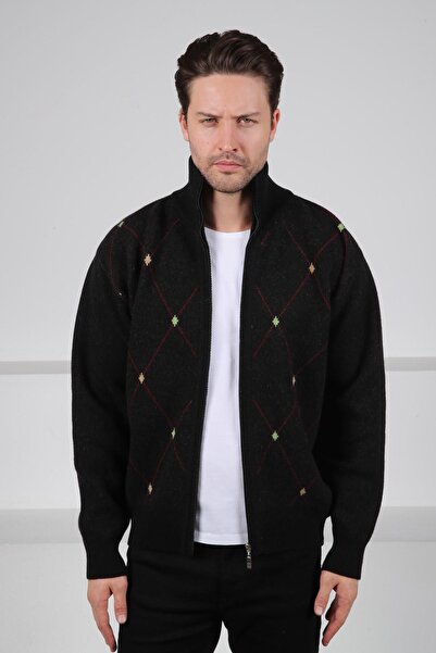 Ferraro Black Zippered Geometric Argyle Patterned 100% Lamb Wool Men's Knitwear Cardigan