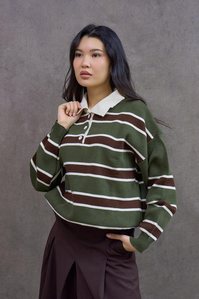 KÜÇÜĞÜM BUTİK Green Striped Collar Knit Sweater