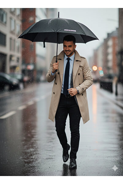 Jack & Jones Erkek Siyah Baston Şemsiye - 94 cm Geniş Çap & 82 cm Uzunluk - Rüzgara Dayanıklı Klasik