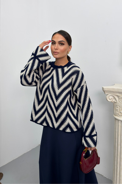 spirituel Women's Sweater Knitted Crew Neck Drop Shoulder Zigzag Patterned Sleeve Fold Detail Knitwear Sweater