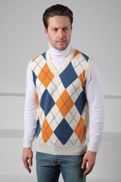 Ferraro Ecru/Orange V-Neck Colorful Diamond Pattern Sleeveless 100% Lamb Wool Men's Knitwear Sweater