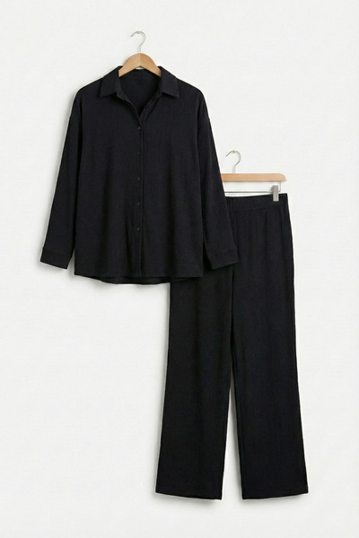 Talvien Bürümcük Kumaş Düğmeli Gömlek Pantolon Alt Üst Takım