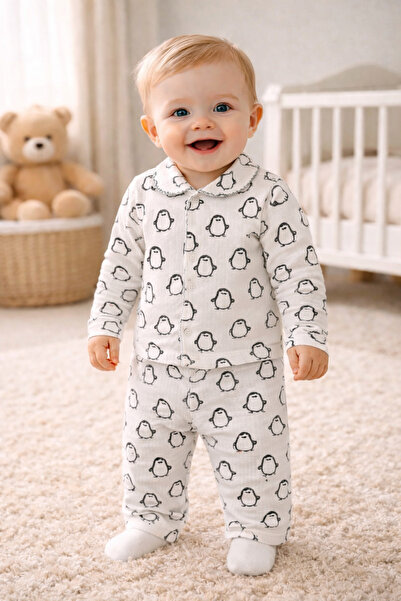 anne dokunuşu gibi KUZUM BEBE Penguen baskılı pamuk kumaş 2'li bebek takımı