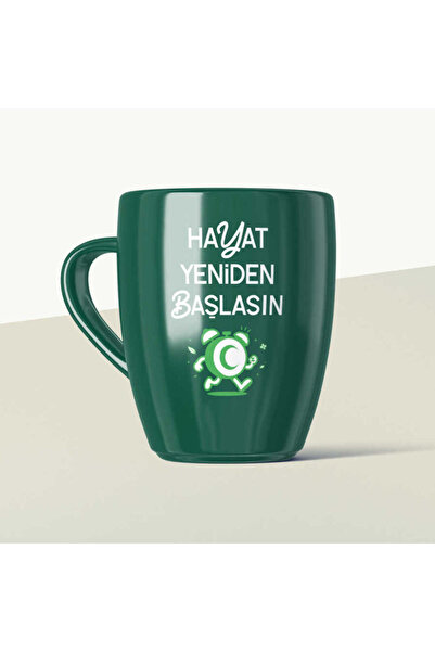 Hayat Yeniden Başlasın Çalar Saat Mottolu Yeşil Seramik Kupa