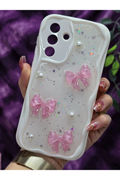 Magic Ring Samsung Galaxy A57 Uyumlu Pembe Fiyonk & İnci Detaylı Simli Epoksi...