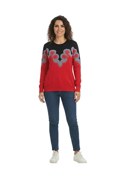 BERNE Çiçek desenli bisiklet yaka triko kadın bluz rahat kalıp yumuşak doku.