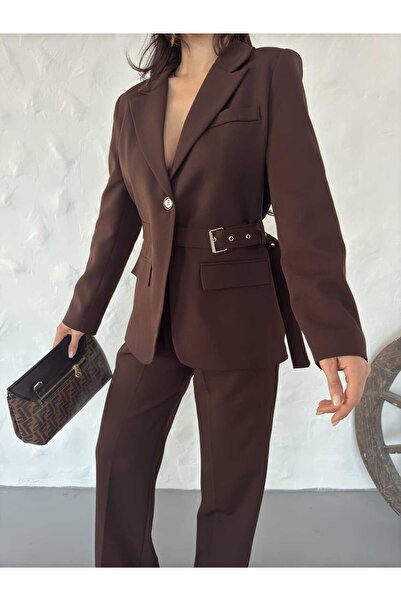 Moda İkra Сако с колан и детайли Панталони с широки крачоли Костюм