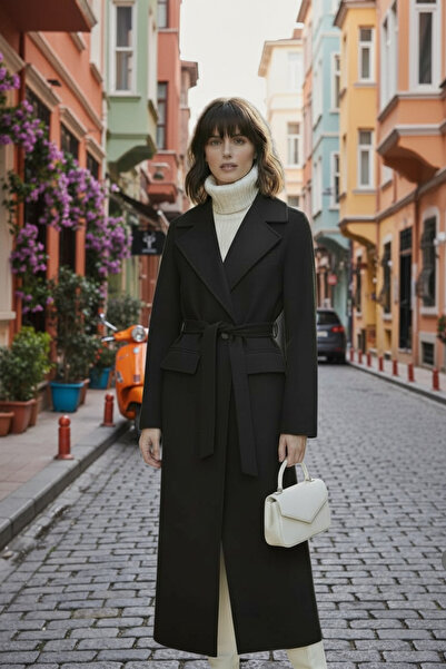 Pitti Women's Black Belted Colorful Lined Buttoned Long Coat 70506